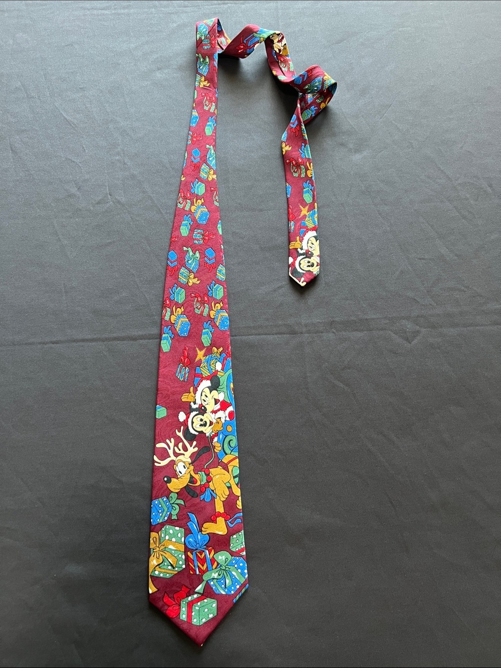 Disney Maroon Holiday Tie with Mickey, Gifts & Reindeer